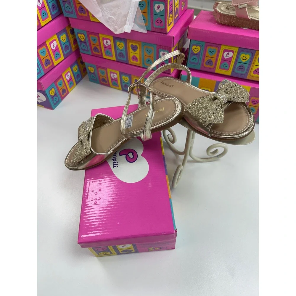 Pampili Girls Gold Metallic Glitter Bow Rhinestone Ankle Strap Dress Sandals